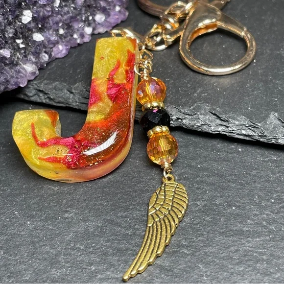 Custom Flames Initial “J” Keychain with Crystal Wing Charm - Picture 3 of 6